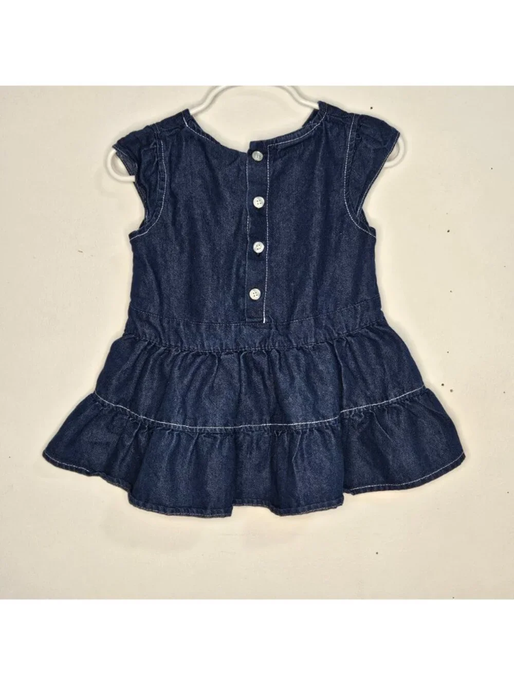 Denim Tiered Dress With Floral Embroidery & Button Closure - Toddler Girls